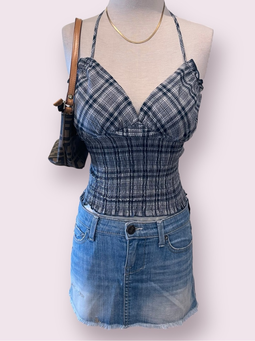 Pacsun Blue plaid halter top with ruffles